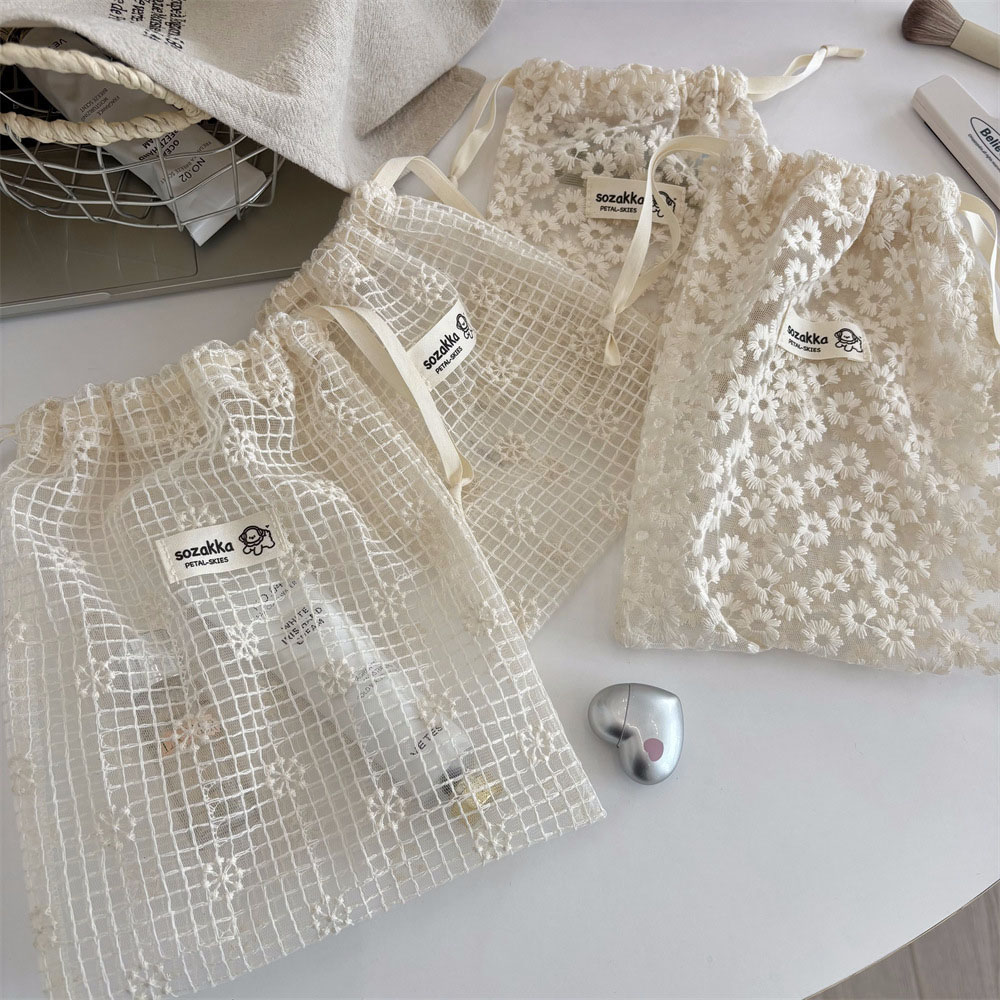 Travel Accessories Bag - Lace Embroidered Daisy Mesh Drawstring Makeup